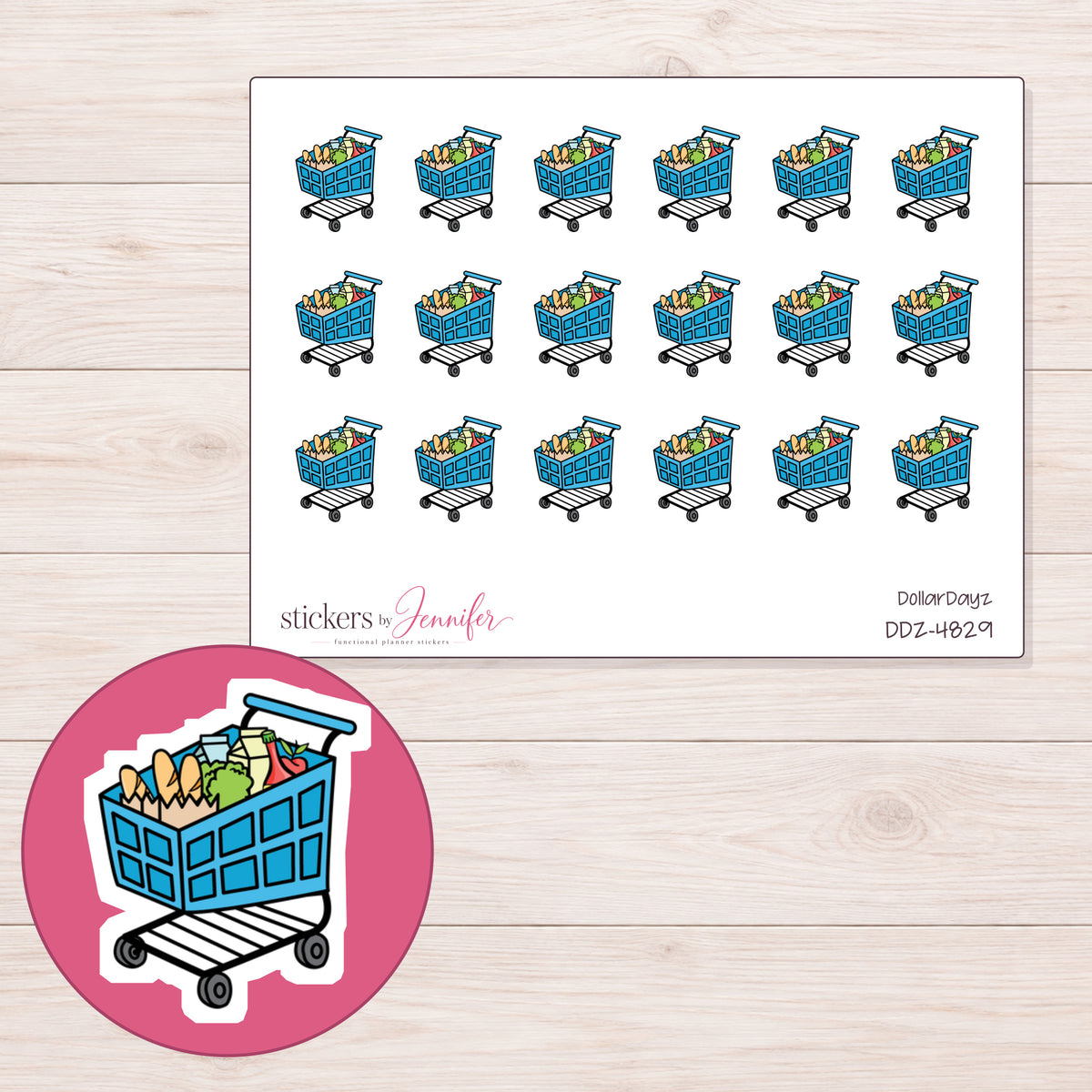 Blue Grocery Cart Planner Stickers | DDZ-4829 — 4 × 3 inch sheet and enlarged sticker detail