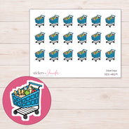 Blue Grocery Cart Planner Stickers | DDZ-4829 — 4 × 3 inch sheet and enlarged sticker detail