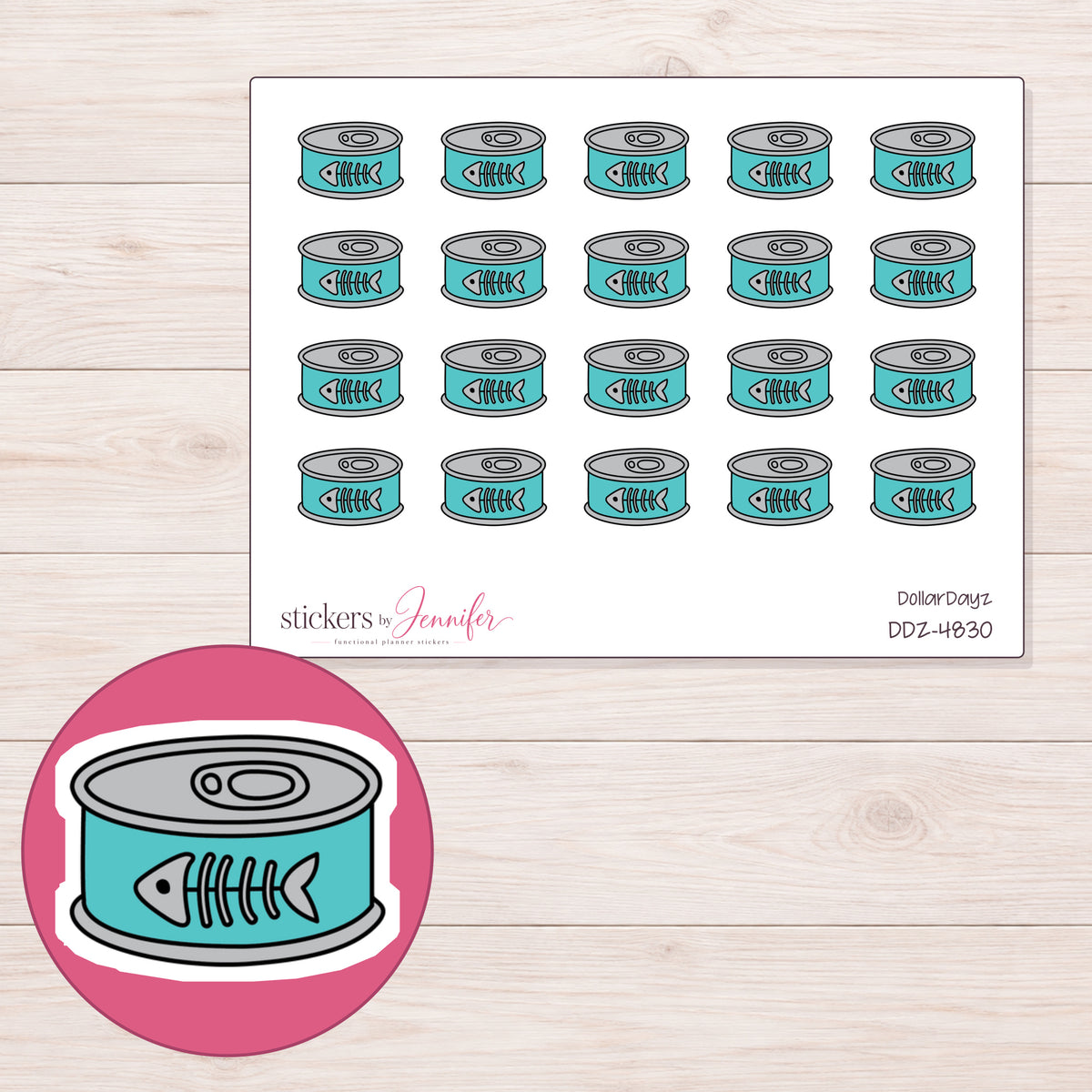 Teal Cat Food Can Planner Stickers | DDZ-4830 — 4 × 3 inch sheet and enlarged sticker detail