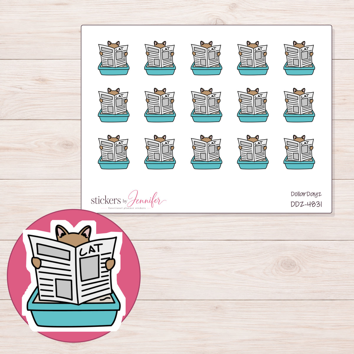 Cat in Teal Litter Box Planner Stickers | DDZ-4831 — 4 × 3 inch sheet and enlarged sticker detail