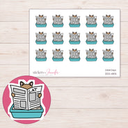 Cat in Teal Litter Box Planner Stickers | DDZ-4831 — 4 × 3 inch sheet and enlarged sticker detail