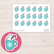 Teal Christmas Cocoa Mug Planner Stickers | DDZ-4834 — 4 × 3 inch sheet and enlarged sticker detail