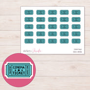 Teal Cinema Ticket Planner Stickers | DDZ-4835 — 4 × 3 inch sheet and enlarged sticker detail