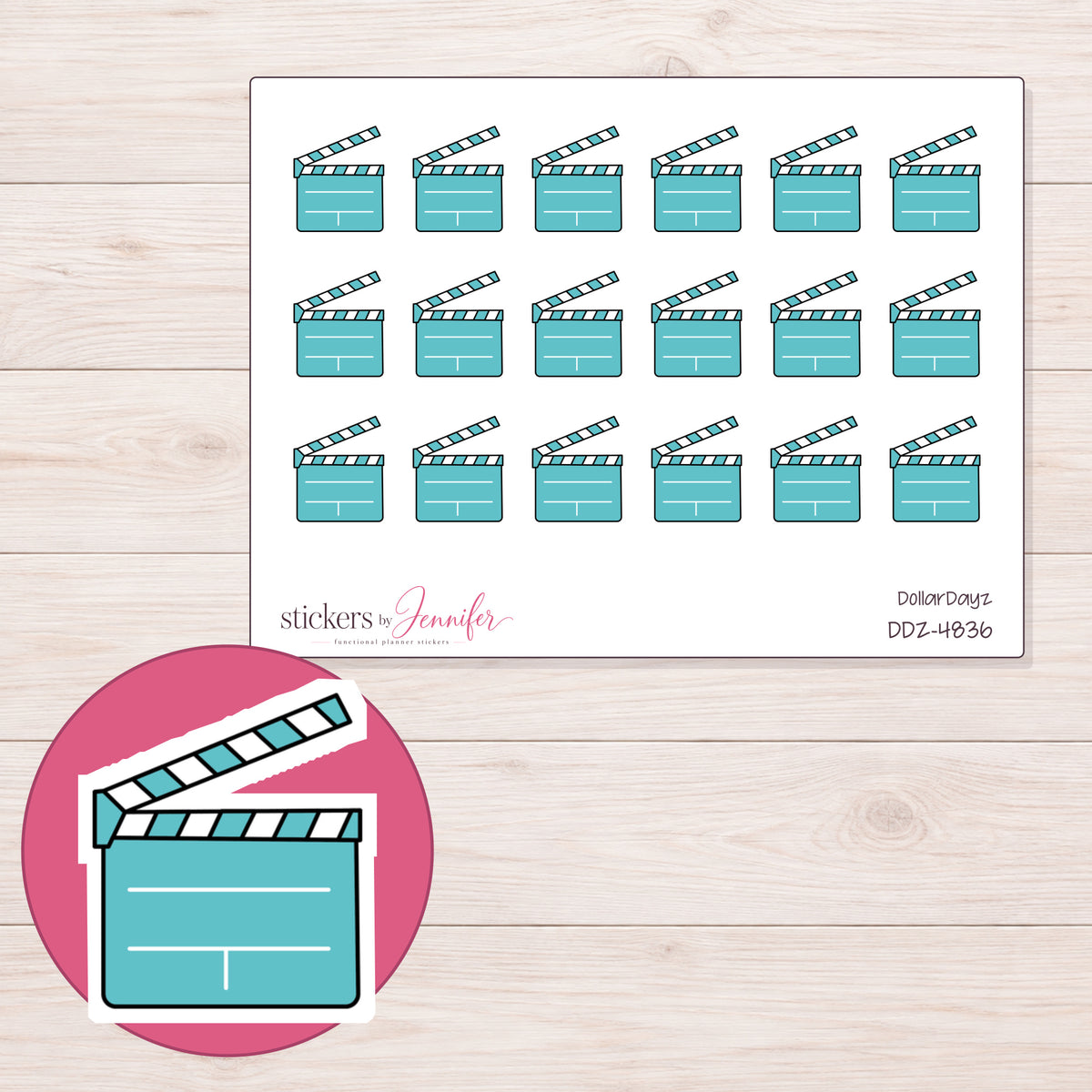 Teal Clapperboard Planner Stickers | DDZ-4836 — 4 × 3 inch sheet and enlarged sticker detail