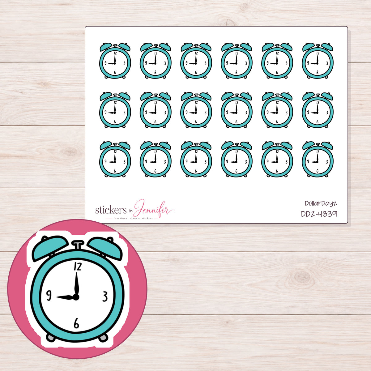 Teal Alarm Clock Planner Stickers | DDZ-4839 — 4 × 3 inch sheet and enlarged sticker detail