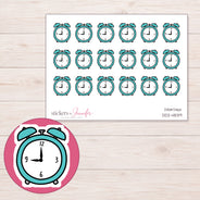 Teal Alarm Clock Planner Stickers | DDZ-4839 — 4 × 3 inch sheet and enlarged sticker detail