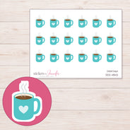 Teal Heart Coffee Mug Planner Stickers | DDZ-4842 — 4 × 3 inch sheet and enlarged sticker detail