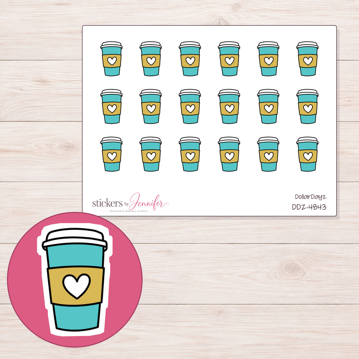 Teal Takeaway Cup with Heart Sleeve Planner Stickers | DDZ-4843 — 4 × 3 inch sheet and enlarged sticker detail