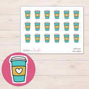Teal Takeaway Cup with Heart Sleeve Planner Stickers | DDZ-4843 — 4 × 3 inch sheet and enlarged sticker detail