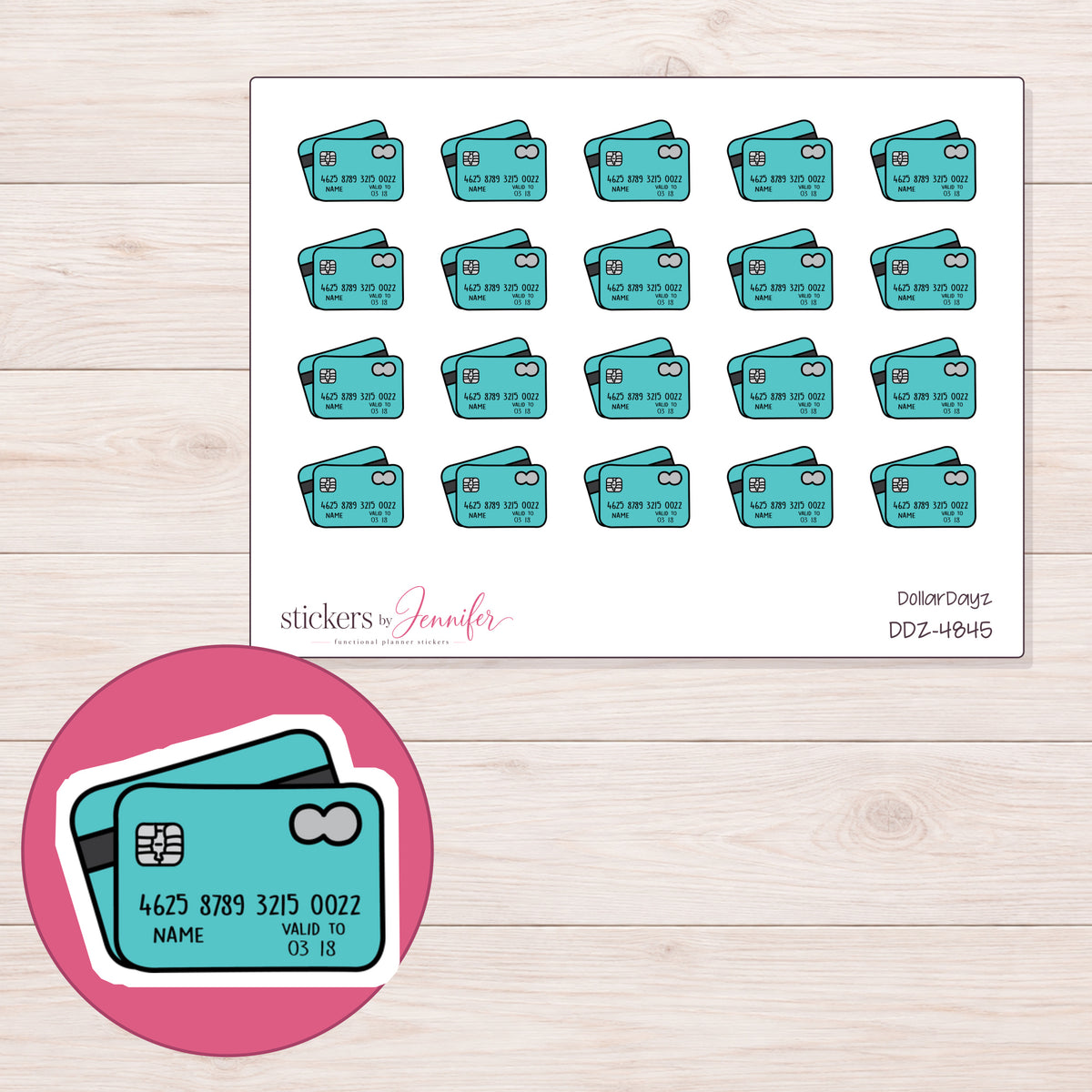 Teal Credit Cards Planner Stickers | DDZ-4845 — 4 × 3 inch sheet and enlarged sticker detail