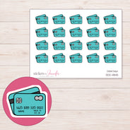 Teal Credit Cards Planner Stickers | DDZ-4845 — 4 × 3 inch sheet and enlarged sticker detail