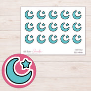 Teal Crescent Moon and Star Planner Stickers | DDZ-4846 — 4 × 3 inch sheet and enlarged sticker detail
