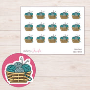 Teal Crochet Yarn Basket Planner Stickers | DDZ-4847 — 4 × 3 inch sheet and enlarged sticker detail