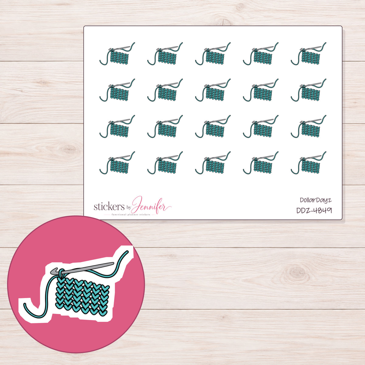Teal Crochet Swatch Planner Stickers | DDZ-4849 — 4 × 3 inch sheet and enlarged sticker detail