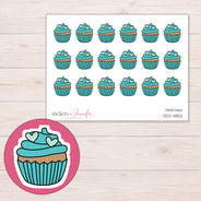Teal Heart Cupcake Planner Stickers | DDZ-4852 — 4 × 3 inch sheet and enlarged sticker detail