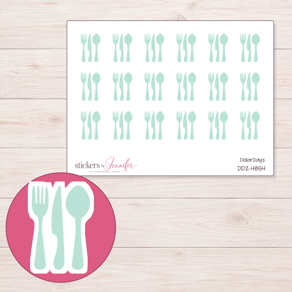 Pale Mint Cutlery Silhouette Planner Stickers | DDZ-4854 — 4 × 3 inch sheet and enlarged sticker detail