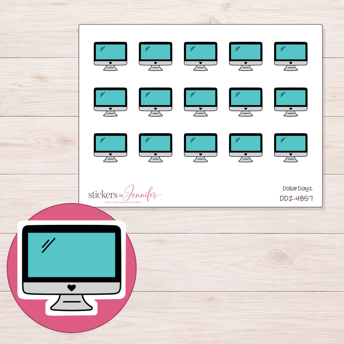 Teal Screen Desktop Computer Planner Stickers | DDZ-4857 — 4 × 3 inch sheet and enlarged sticker detail