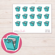 Teal Open Dishwasher Planner Stickers | DDZ-4861 — 4 × 3 inch sheet and enlarged sticker detail