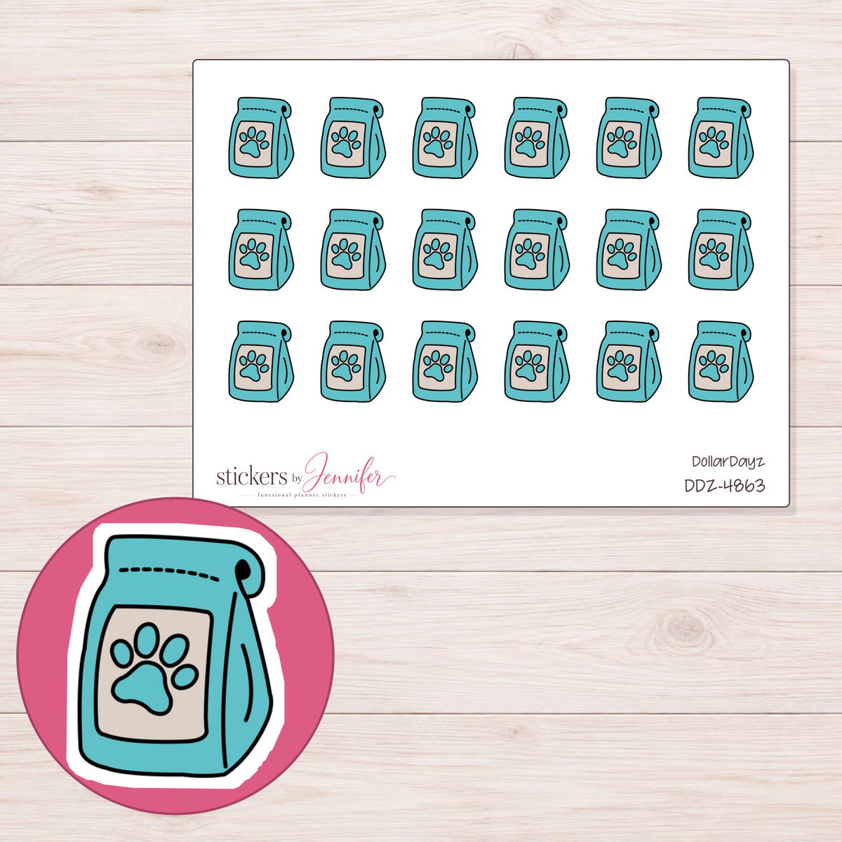 Teal Dog Food Bag Planner Stickers | DDZ-4863 — 4 × 3 inch sheet and enlarged sticker detail