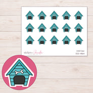 Teal Dog House Planner Stickers | DDZ-4864 — 4 × 3 inch sheet and enlarged sticker detail