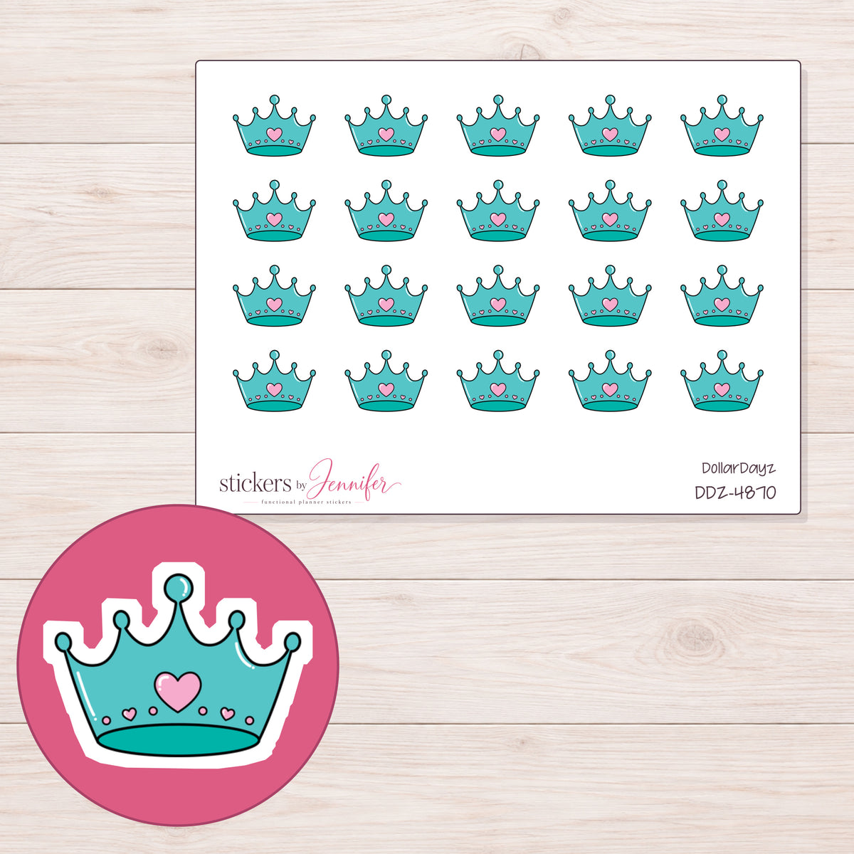Teal Heart Crown Planner Stickers | DDZ-4870 — 4 × 3 inch sheet and enlarged sticker detail