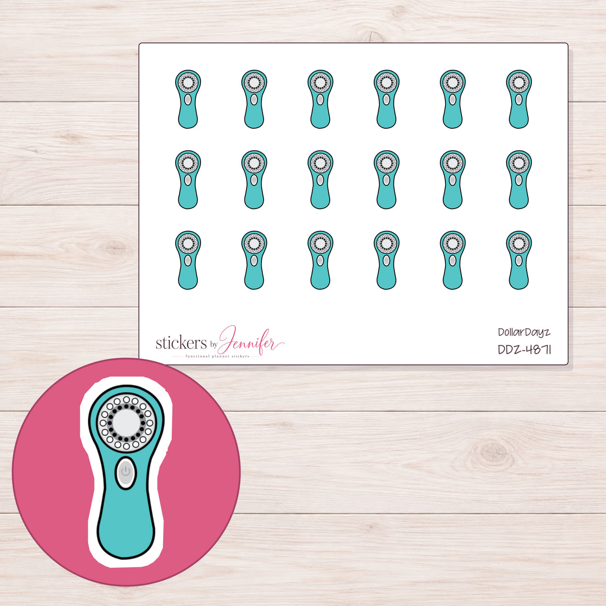 Teal Facial Cleansing Brush Planner Stickers | DDZ-4871 — 4 × 3 inch sheet and enlarged sticker detail