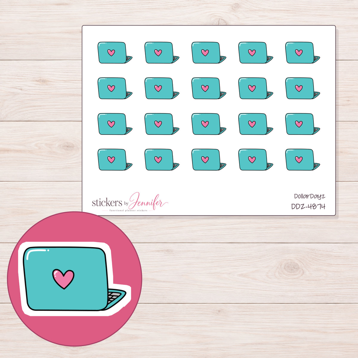 Teal Pink Heart Laptop Planner Stickers | DDZ-4874 — 4 × 3 inch sheet and enlarged sticker detail