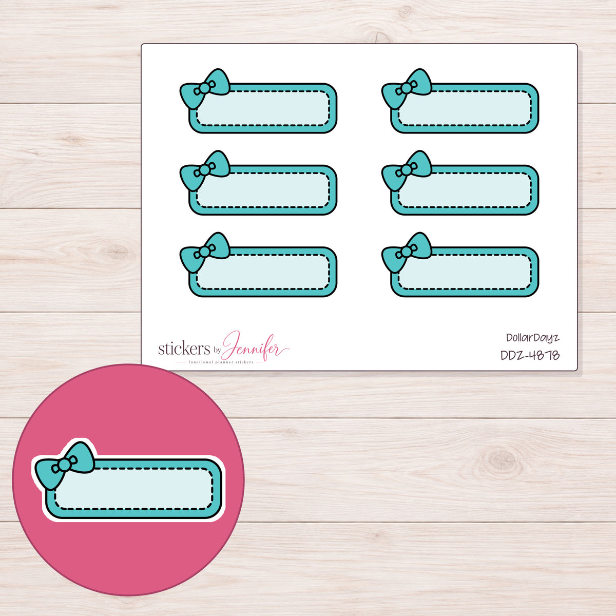 Teal Bow Quarter Box Label Planner Stickers | DDZ-4878 — 4 × 3 inch sheet and enlarged sticker detail