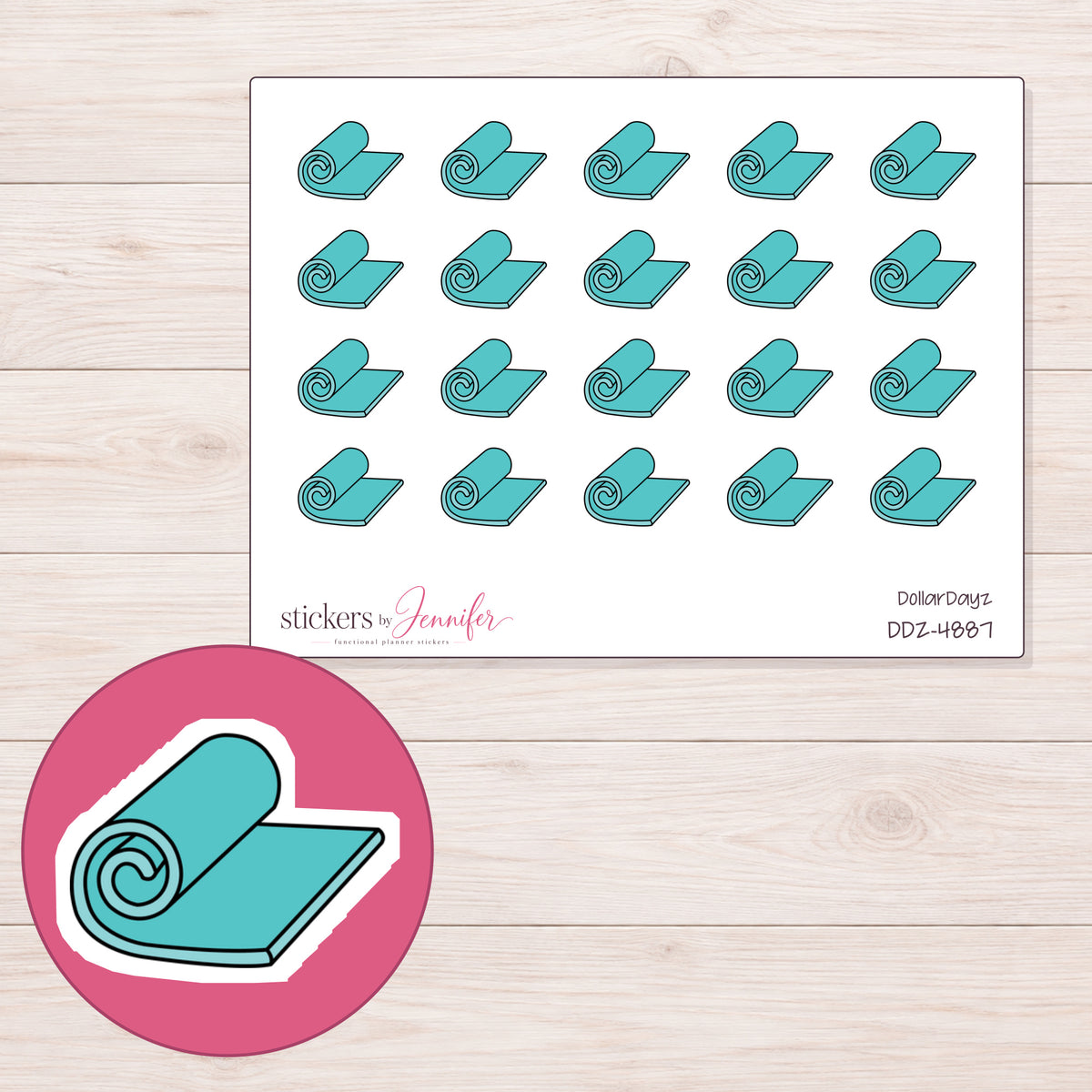 Teal Rolled Yoga Mat Planner Stickers | DDZ-4887 — 4 × 3 inch sheet and enlarged sticker detail