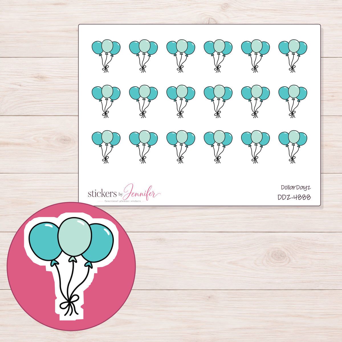Teal Balloon Trio Planner Stickers | DDZ-4888 — 4 × 3 inch sheet and enlarged sticker detail