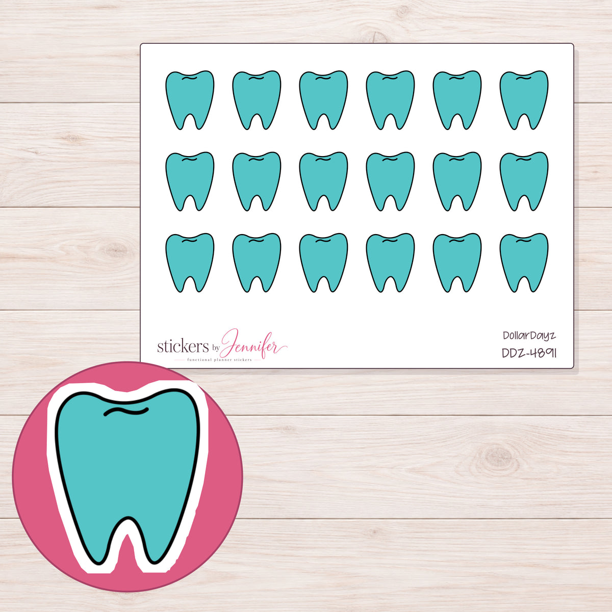 Teal Tooth Planner Stickers | DDZ-4891 — 4 × 3 inch sheet and enlarged sticker detail