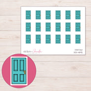 Teal Paneled Door Planner Stickers | DDZ-4892 — 4 × 3 inch sheet and enlarged sticker detail