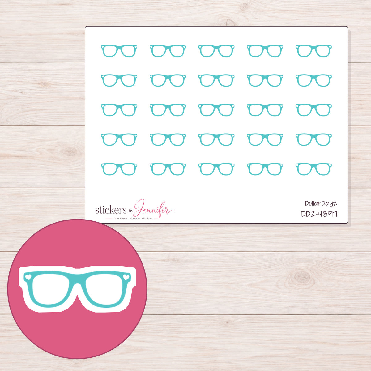 Teal Eyeglasses Planner Stickers | DDZ-4897 — 4 × 3 inch sheet and enlarged sticker detail