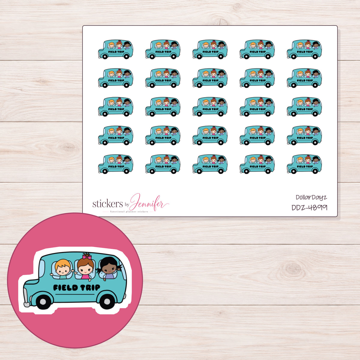 Teal Field Trip Bus Planner Stickers | DDZ-4899 — 4 × 3 inch sheet and enlarged sticker detail