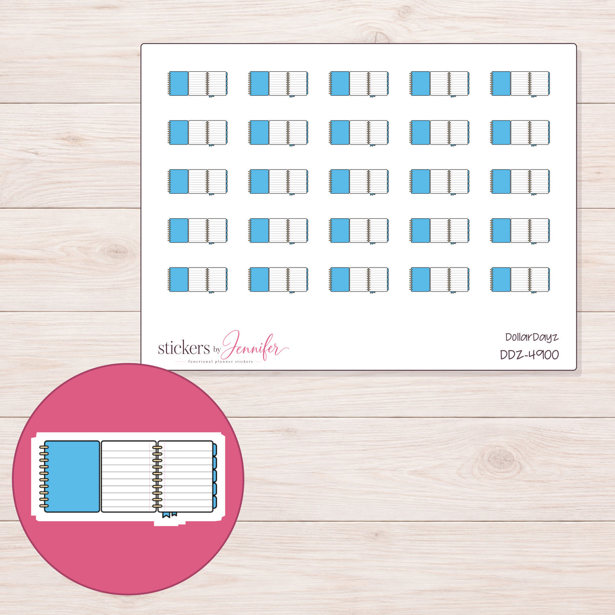 Blue Open Foldout Planner Stickers | DDZ-4900 — 4 × 3 inch sheet and enlarged sticker detail