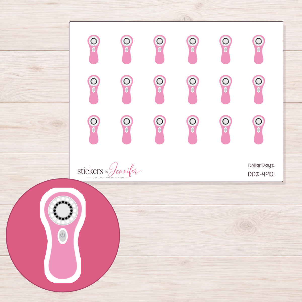 Pink Facial Cleansing Brush Planner Stickers | DDZ-4901 — 4 × 3 inch sheet and enlarged sticker detail