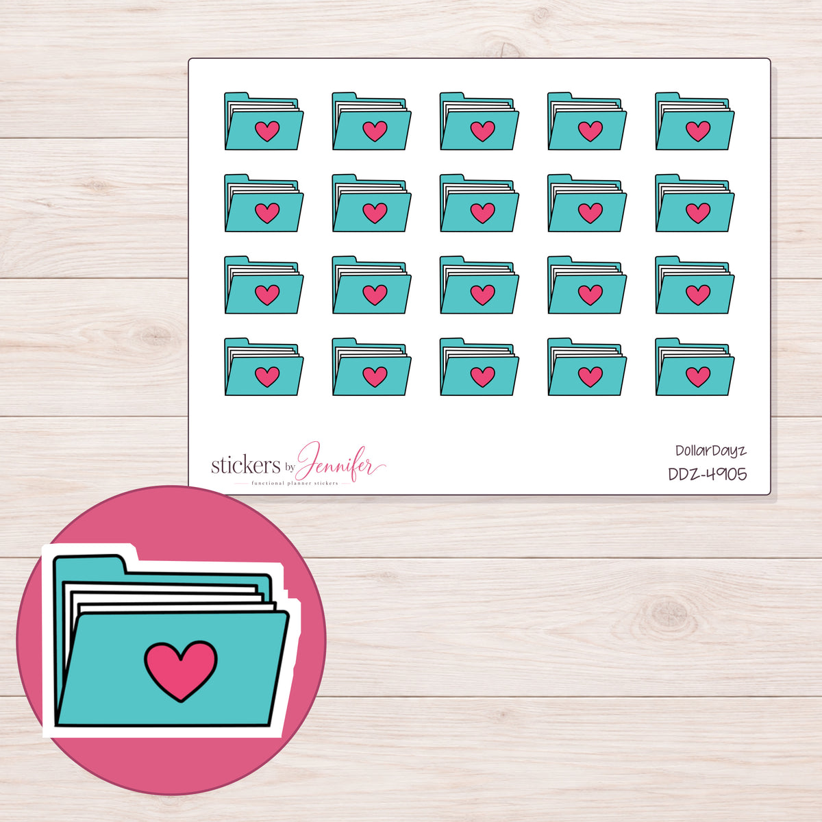 Teal Pink Heart Folder Planner Stickers | DDZ-4905 — 4 × 3 inch sheet and enlarged sticker detail