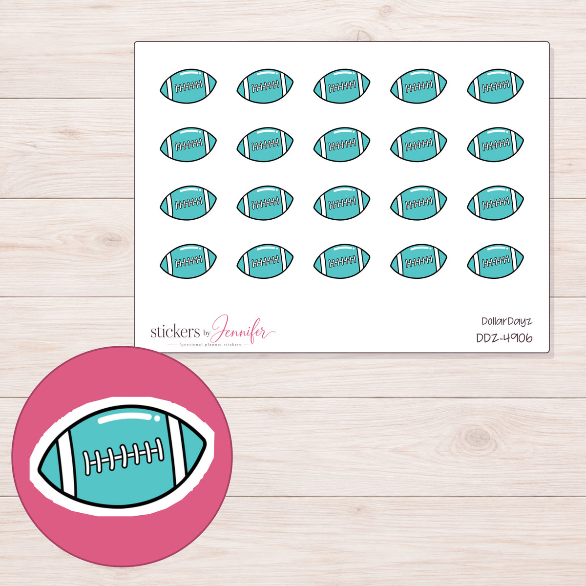 Teal Football Planner Stickers | DDZ-4906 — 4 × 3 inch sheet and enlarged sticker detail