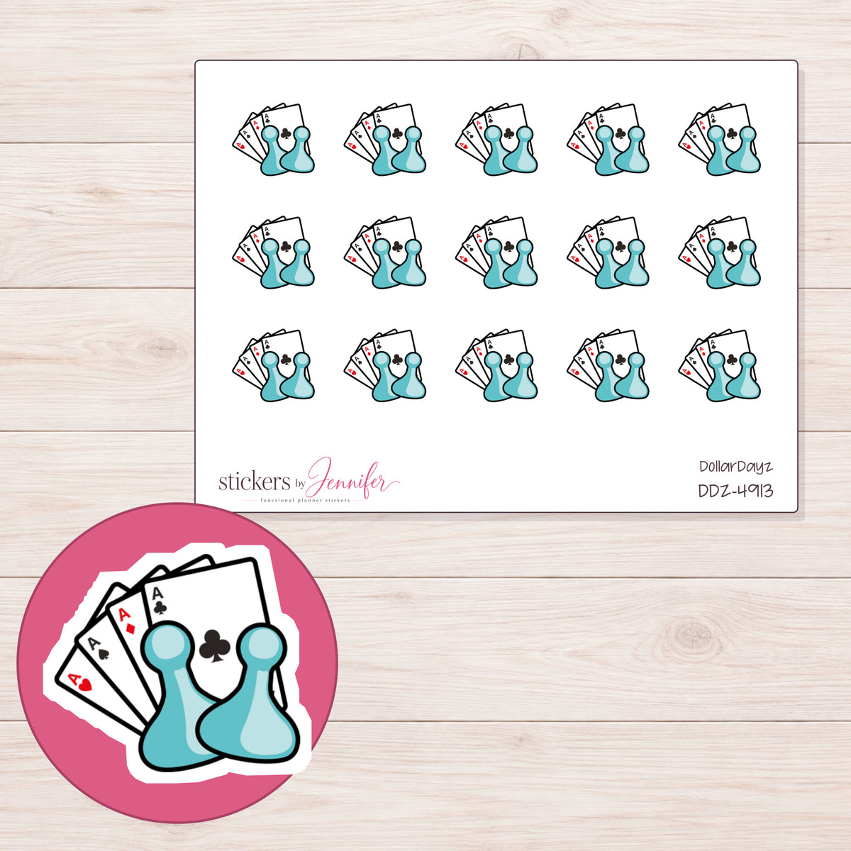 Teal Game Night Cards and Pawns Planner Stickers | DDZ-4913 — 4 × 3 inch sheet and enlarged sticker detail
