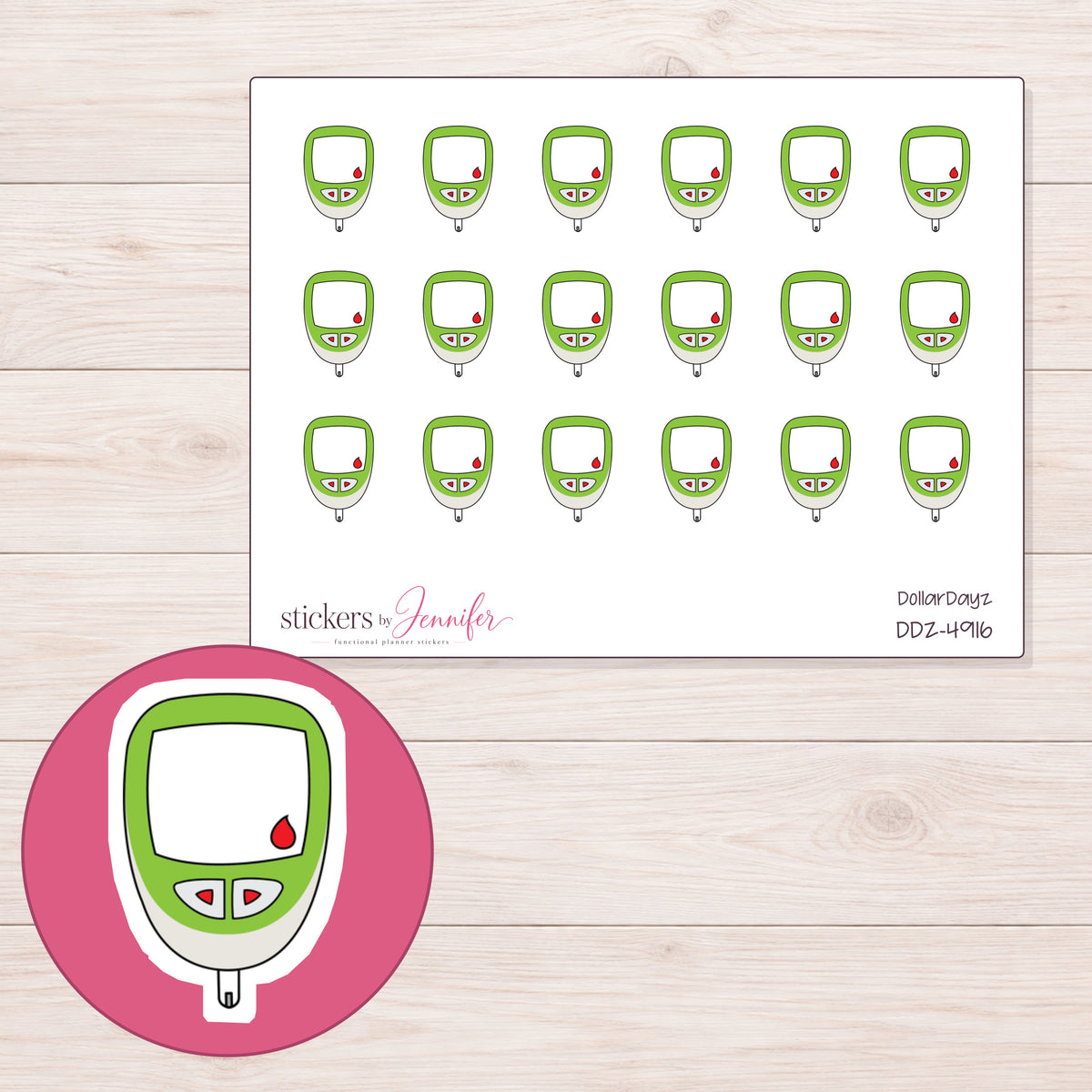 Green Glucose Meter Planner Stickers | DDZ-4916 — 4 × 3 inch sheet and enlarged sticker detail