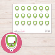 Green Glucose Meter Planner Stickers | DDZ-4916 — 4 × 3 inch sheet and enlarged sticker detail