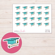 Teal Graduation Cap and Diploma Planner Stickers | DDZ-4918 — 4 × 3 inch sheet and enlarged sticker detail