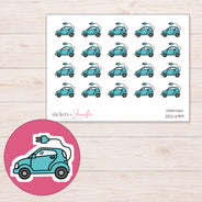 Teal Electric Car Planner Stickers | DDZ-4919 — 4 × 3 inch sheet and enlarged sticker detail