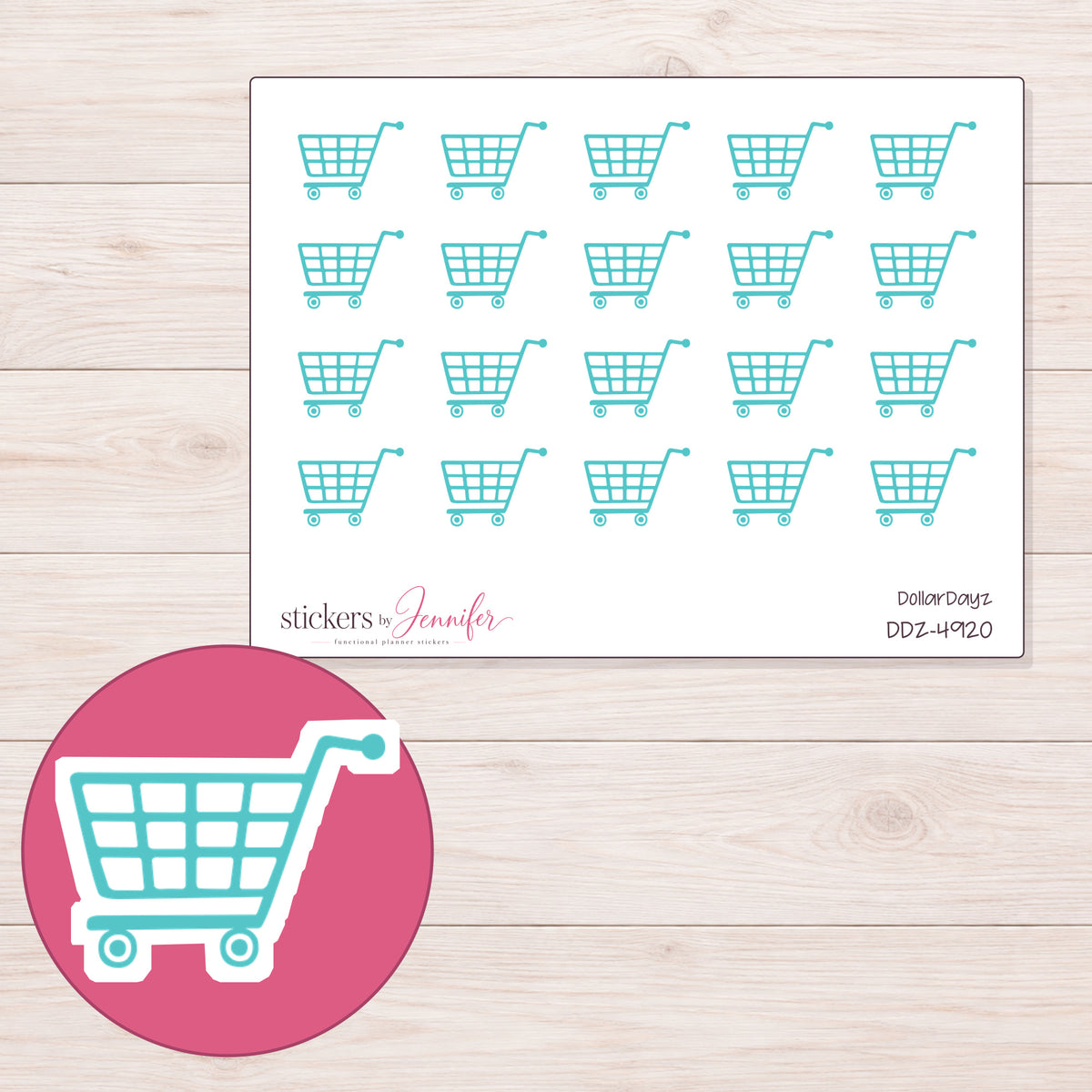 Teal Grocery Cart Planner Stickers | DDZ-4920 — 4 × 3 inch sheet and enlarged sticker detail
