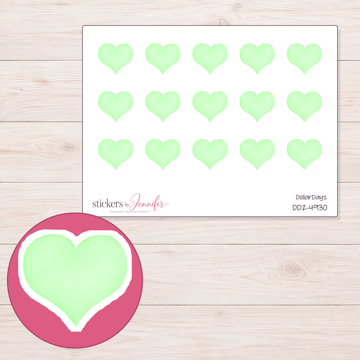 Pastel Mint Heart Planner Stickers | DDZ-4930 — 4 × 3 inch sheet and enlarged sticker detail