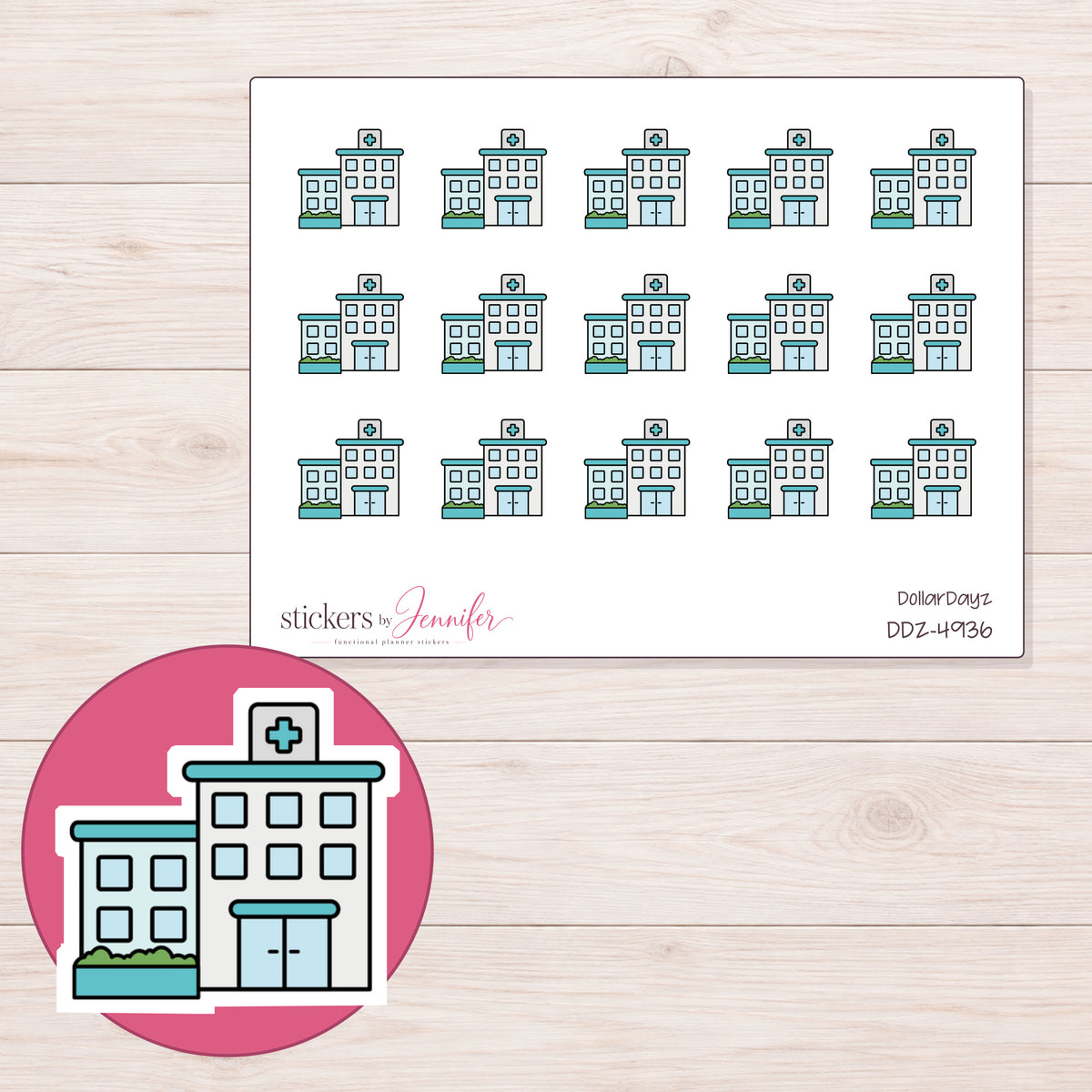 Teal Hospital Building Planner Stickers | DDZ-4936 — 4 × 3 inch sheet and enlarged sticker detail