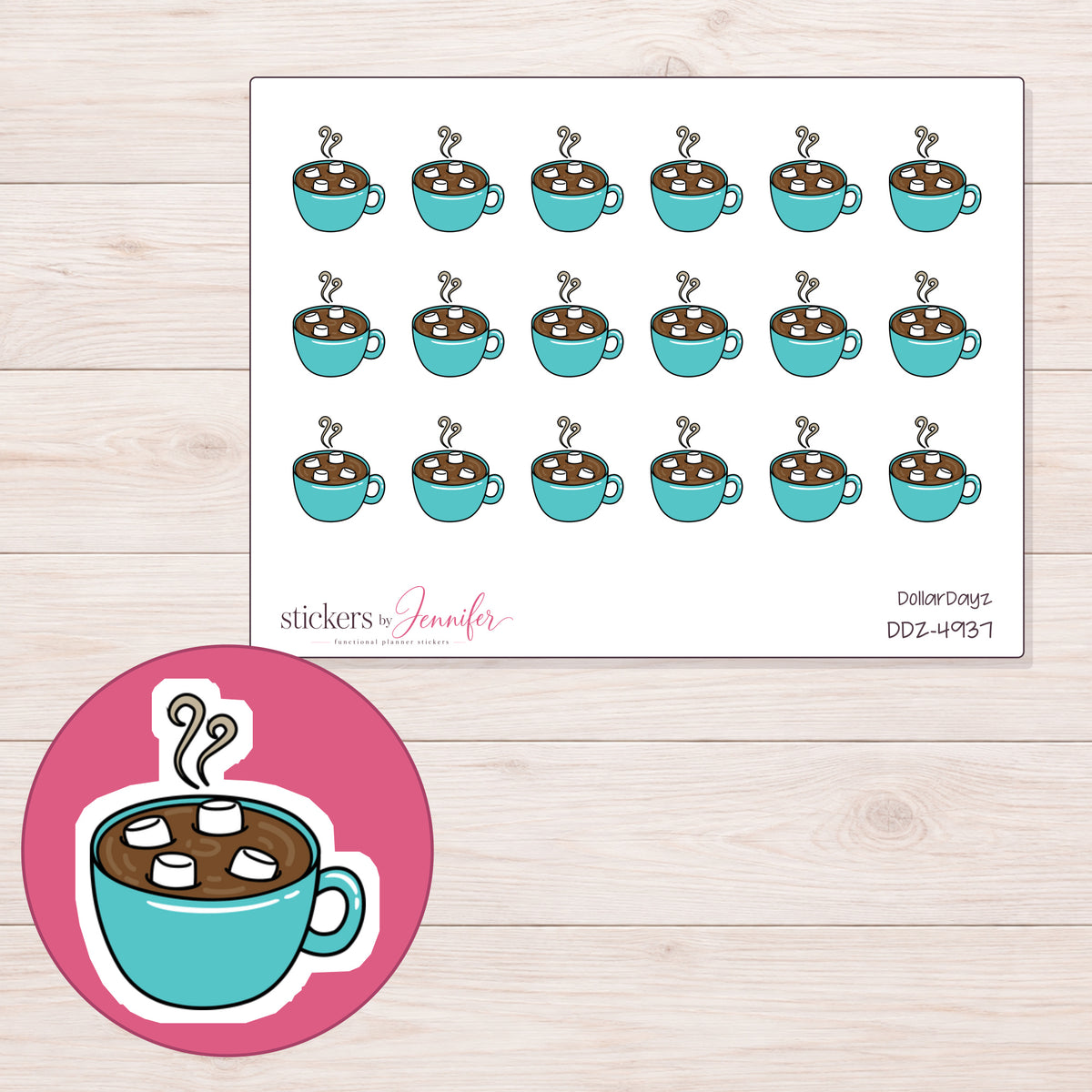 Teal Hot Chocolate Mug Planner Stickers | DDZ-4937 — 4 × 3 inch sheet and enlarged sticker detail