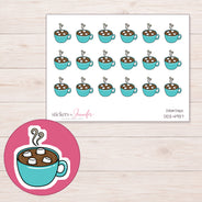 Teal Hot Chocolate Mug Planner Stickers | DDZ-4937 — 4 × 3 inch sheet and enlarged sticker detail