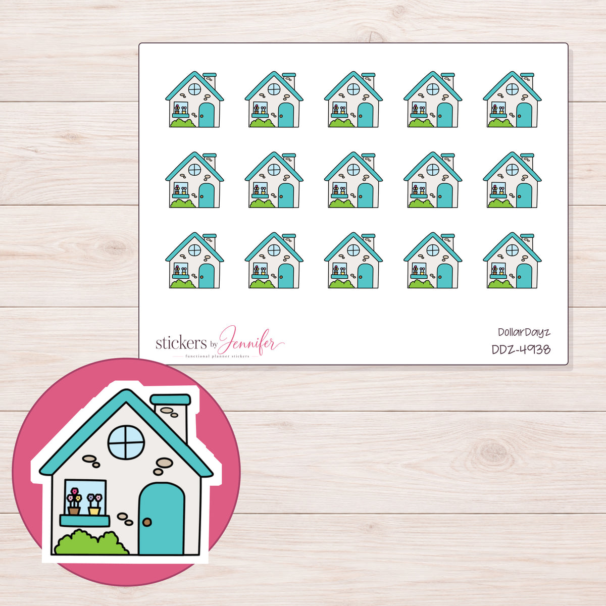 Teal Roof House Planner Stickers | DDZ-4938 — 4 × 3 inch sheet and enlarged sticker detail