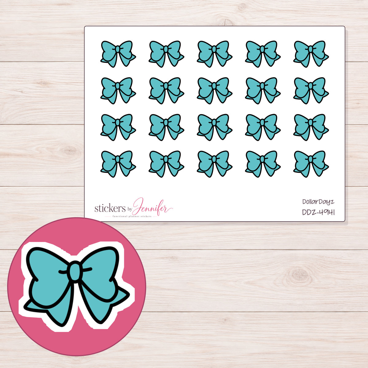 Teal Doodle Bow Planner Stickers | DDZ-4941 — 4 × 3 inch sheet and enlarged sticker detail